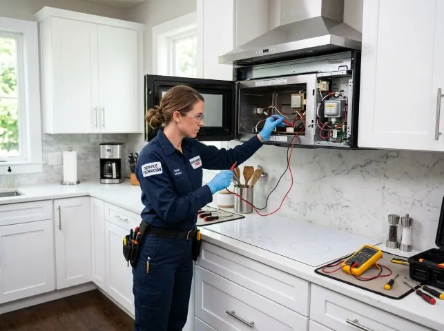 Appliance Repair Hero technician testing an over-the-range microwave in a Belmont, MI kitchen